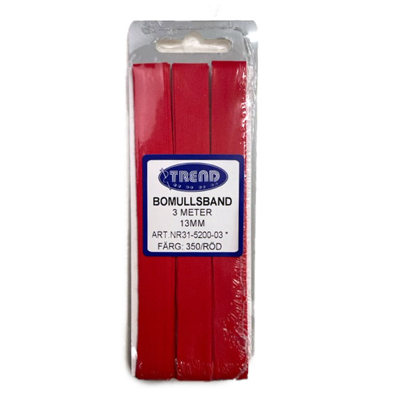 Bomullsband 3m förpackning Röd 13 mm, se vårt sortiment av heminredning, garn & tyger. Alltid till bra priser.