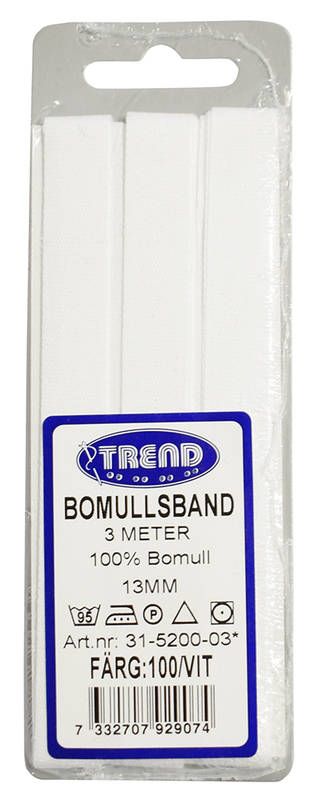 Bomullsband 3m förpackning Vit 13 mm, se vårt sortiment av heminredning, garn & tyger. Alltid till bra priser.